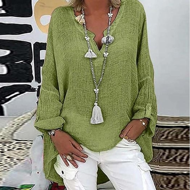  Per donna Camicia Blusa Camicie di cotone e lino Tinta unita Essenziale Manica Lunga Scollo a V Top lunghi Casuale Quotidiano Nero Bianco Rosa Verde militare Blu Estate Primavera