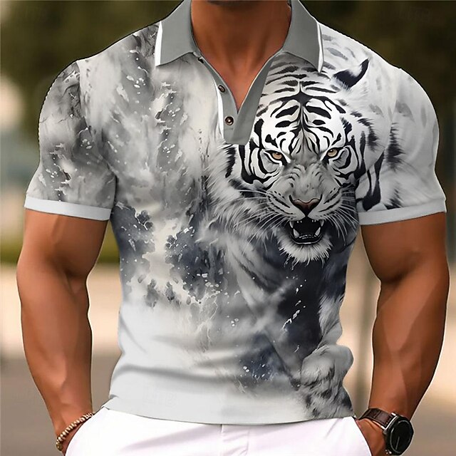 Men's Tiger Polo Shirts Golf Shirt Short Sleeve Polo Shirts Collared Shirts Funny Streetwear Vacation Wear Party Outfits Buttons 3D Print Spring & Summer Gray4
