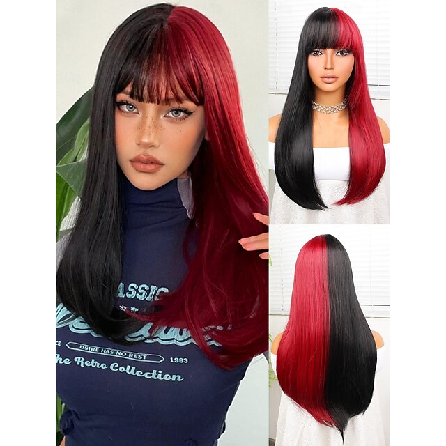 Synthetic Wig Yaki Straight Neat Bang Wig 22 inch Black / Red Synthetic Hair 22 inch Women's Multi-color4
