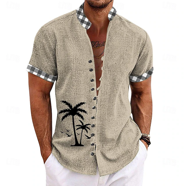 Men's Coconut Tree Tropical Plants Shirt Summer Hawaiian Shirt Button Up Shirt Short Sleeve Shirt Grandad Collar Band Collar Casual Tribal Daily Hawaiian Blue Green Khaki S M L 7