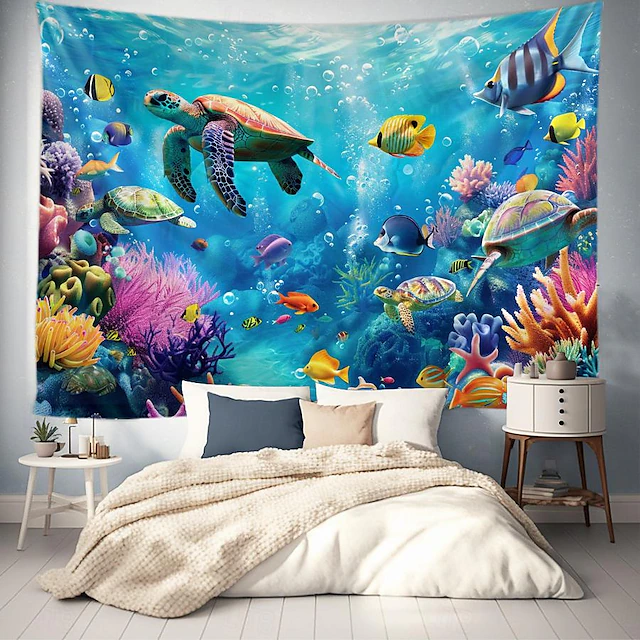 Wall Tapestry Art Decor Blanket Curtain Picnic Tablecloth Hanging Home Bedroom Living Room Dorm Decoration Animal Fish Underwater World 25