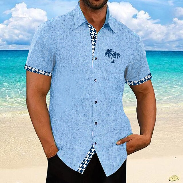 Men's Shirt Linen Shirt Beach Shirt Summer Hawaiian Shirt Coconut Tree Vacation Curise Blue Short Sleeves Turndown Summer Clothing Apparel4