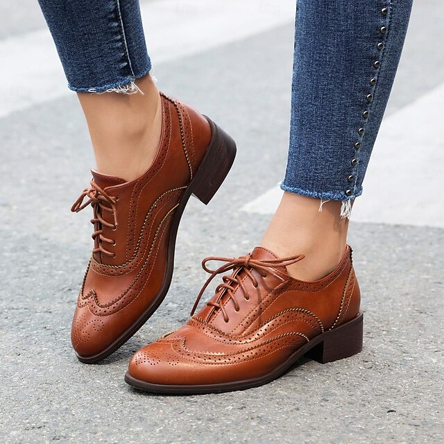 Women's Brown Faux Leather Brogue Oxford Shoes - Lace-Up Vintage Style Flats with Wingtip Detailing for Casual or Formal Wear 18