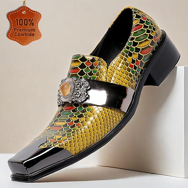 Men's Premium Cowhide Leather Punk Style Loafers - Snake Pattern Slip-On Dress Shoes with Decorative Buckle and Metal Toe Cap 8