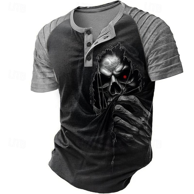  男性用 暗い Tシャツ 半袖 3Dプリント レトリ／ヴィンテージ ゴシック パーティー ストリート 夏 春 ブラック グレー ヘンリーカラー ヘンリーTシャツ