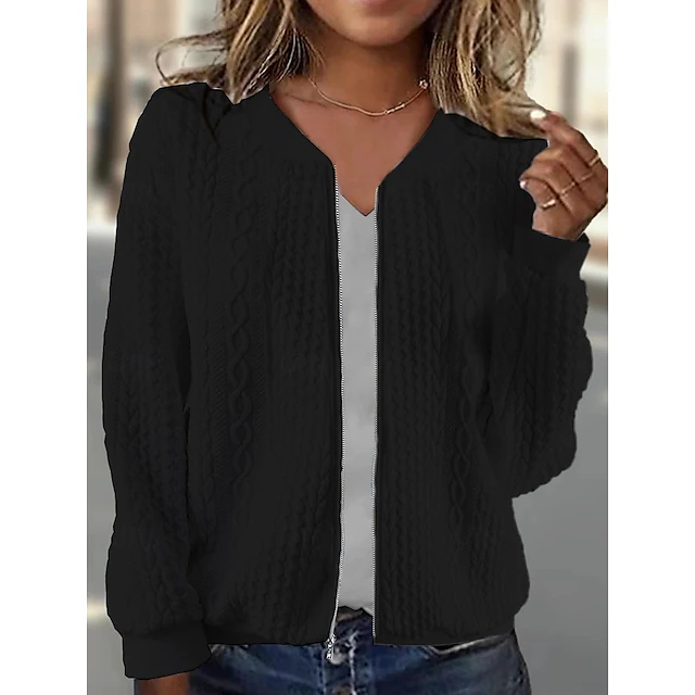 Women's Casual Jacket Textured Jackets Vacation Daily Wear Spring Fall Regular Coat Regular Fit Thermal Warm Breathable Stylish Contemporary Modern Style Jacket Long Sleeve Solid Color Full Zip Black 5