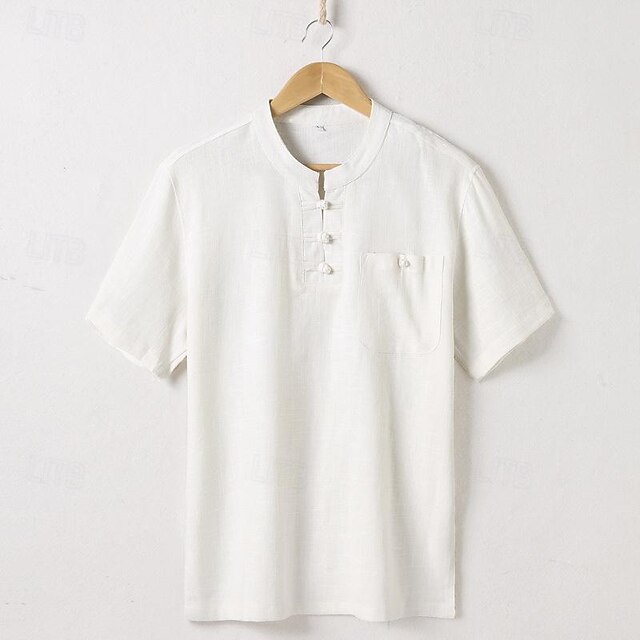 Men's Button T Shirt Linen Shirt T Shirt Henley Shirt Short Sleeve Henley Spring & Summer Plain Fashion Designer Basic Front Pocket Vacation Street Going out Navy Blue Light Grey Army Green Top Tee 10