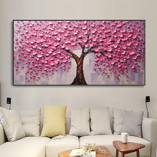  großes 3D dickes Spachtelgemälde handgemachte Boho Landschaft impressionistische Landschaftskunst handgemalt bunte Turm Baum Textur Ölgemälde Kunst große Wandkunst blühende Blumen Malerei