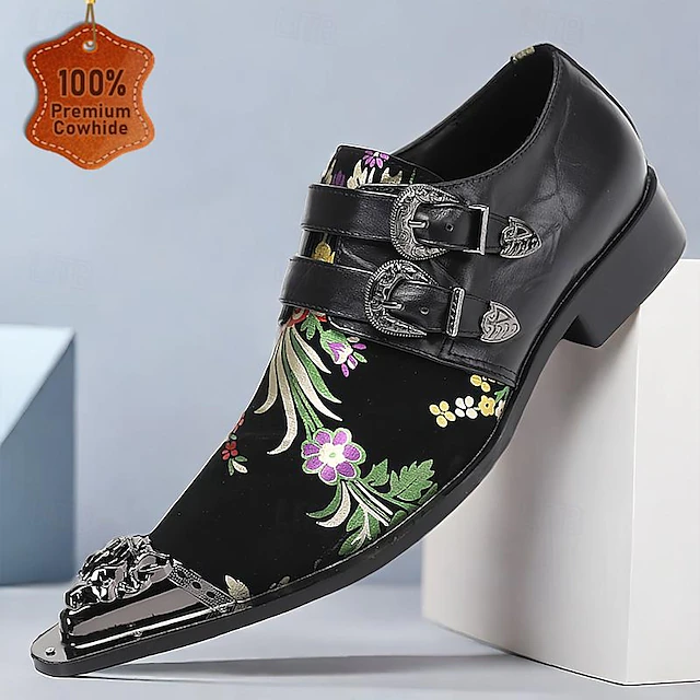 Men's Punk Style Floral Embroidered Buckle Monk Strap Dress Shoes with Metal Toe Cap - Premium Cowhide Leather, Ideal for Formal Events 7