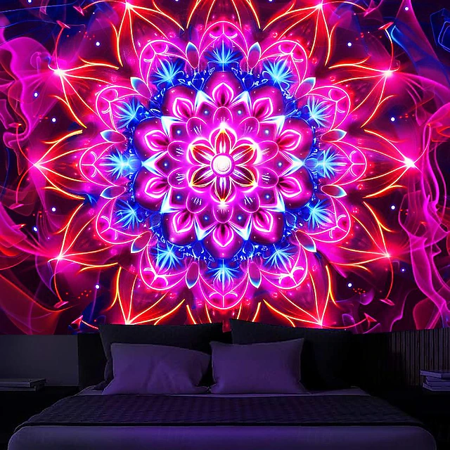 Mandala Bohemian Blacklight Tapestry UV Reactive Glow in the Dark Glow Party Trippy Zen Meditation Misty Nature Hanging Tapestry Wall Art Mural for Living Room Bedroom 23