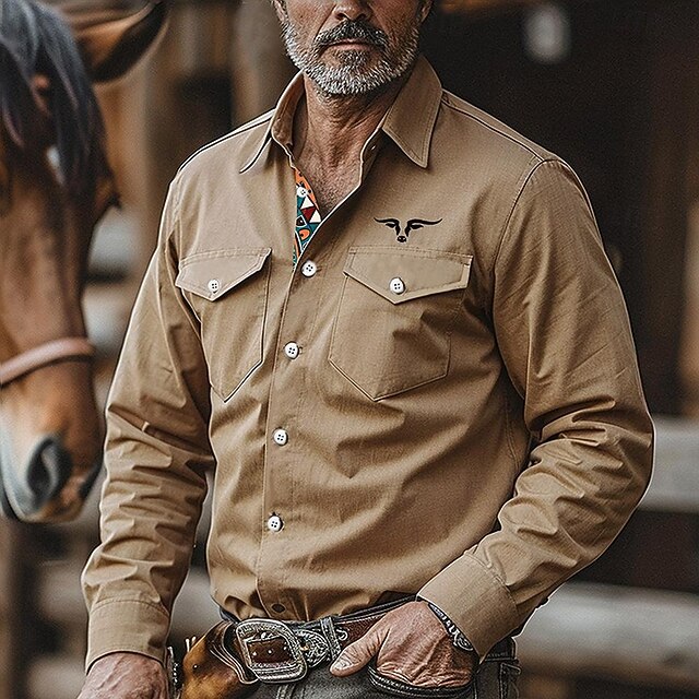 Men's Cowboy Shirt Western Shirt Cowboy Shirt Long Sleeve Vintage Western Style Outdoor Work Casual Daily Fall & Winter Turndown Buttons Print Brown4