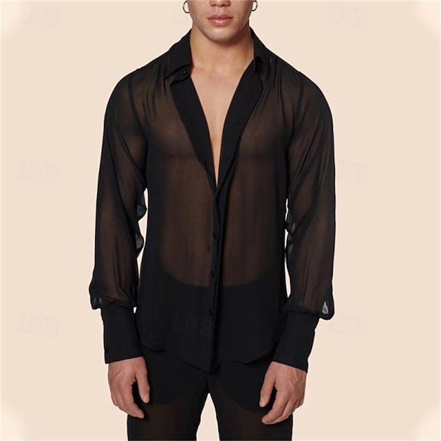  Men's Shirt Summer Shirt Mesh Shirt Sheer Shirt Sheer Blouse Black Long Sleeve Plain Lapel Hawaiian Holiday Mesh Clothing Apparel Fashion Casual Comfortable
