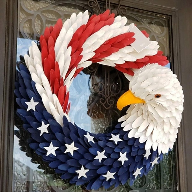  愛国的な花輪、アメリカ国旗の白頭鷲の花輪、独立記念日、7月4日メモリアルデーの玄関用花輪、農家の花輪、玄関用人工花輪、夏の休日の装飾、15インチ