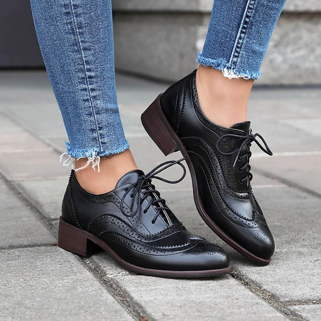 brune brogue oxford-sko i imitert skinn for kvinner - leiligheter i vintagestil med snøring og vingespissdetaljer for uformelt eller formell bruk