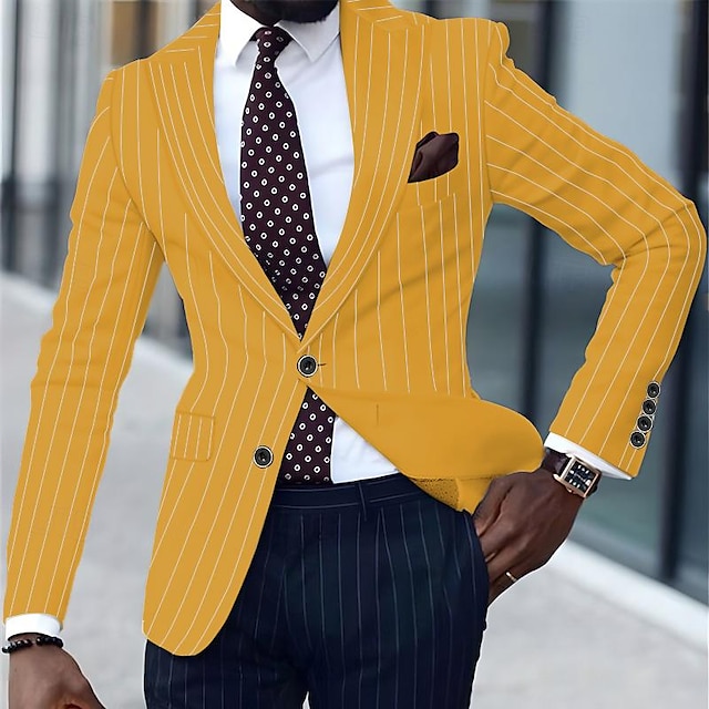  Men's Graduation Blazer Business Cocktail Party Wedding Party Fashion Casual Spring &  Fall Polyester Stripes Buttons Pocket Comfortable Single Breasted Blazer Black White Yellow Pink