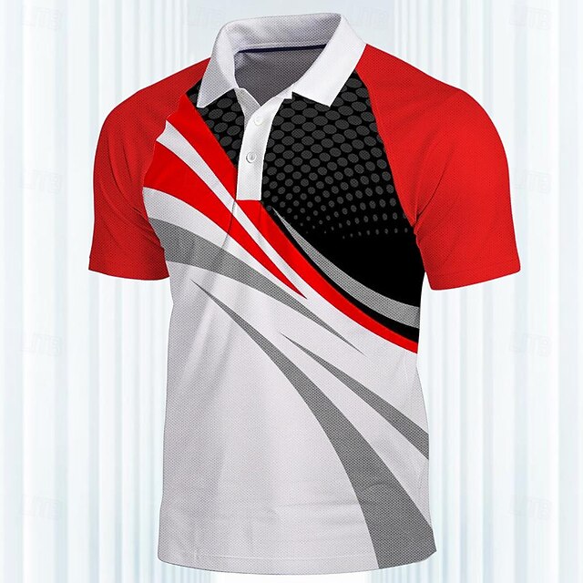 Men's Striped Sports Polo Shirts Golf Shirt Short Sleeve Polo Shirts Collared Shirts Casual Sportswear Vacation Wear 3D Print Buttons Spring & Summer Red4