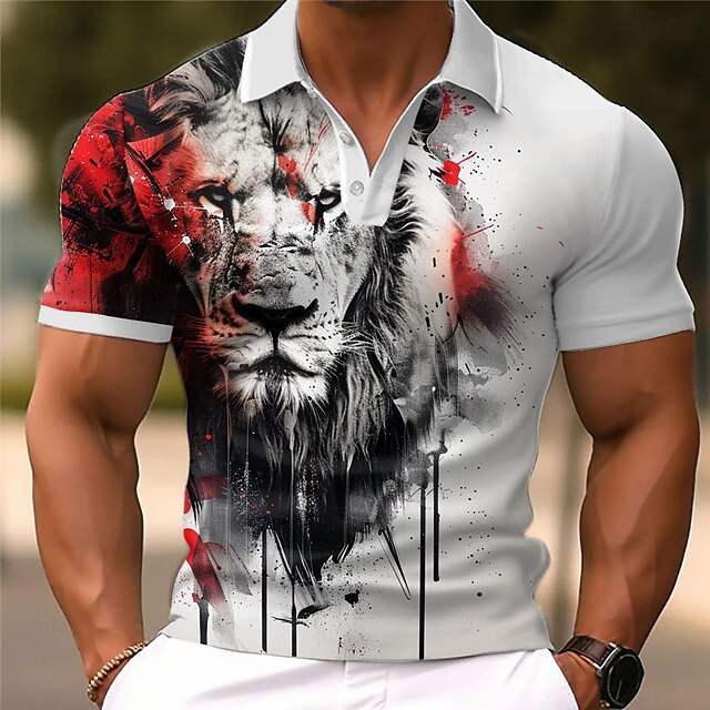 Men's Lion Polo Shirts Golf Shirt Short Sleeve Polo Shirts Collared Shirts Funny Streetwear Vacation Wear Party Outfits Buttons 3D Print Spring & Summer White2