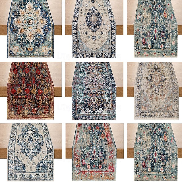  Bohemian Style Table Runner, Linen, Vintage Geometric Flower Print, Home Coffee Table, Dinner Table Decoration, Tablecloth