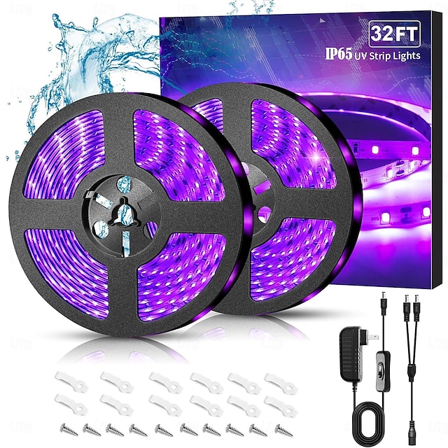  אור פס uv שחור עמיד למים, ערכת גוף תאורה ip65 סגול led שחור 600 פסי תאורה לד עם ספק כוח 12v עבור אורות ניאון זוהרים ליל כל הקדושים בחוץ ובפנים ארונות מסיבה פוסטרים סירות