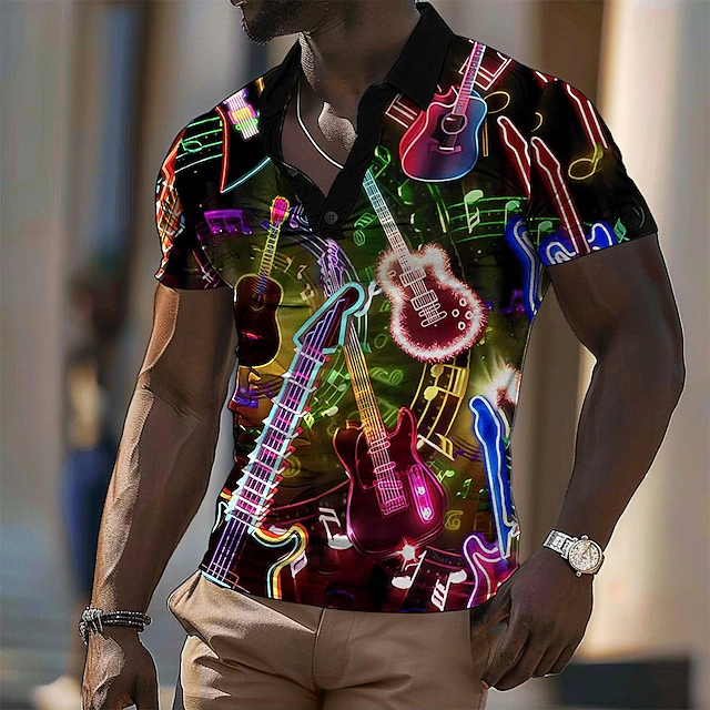 Music Festival Men's Guitar Polo Shirts Golf Shirt Short Sleeve Polo Shirts Collared Shirts Vacation Wear Festival Wear Party Outfits Buttons 3D Print Spring & Summer Black4