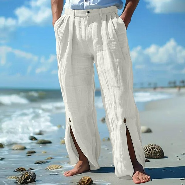 Men's Linen Pants Trousers Summer Pants Pleated Split Straight Leg ...