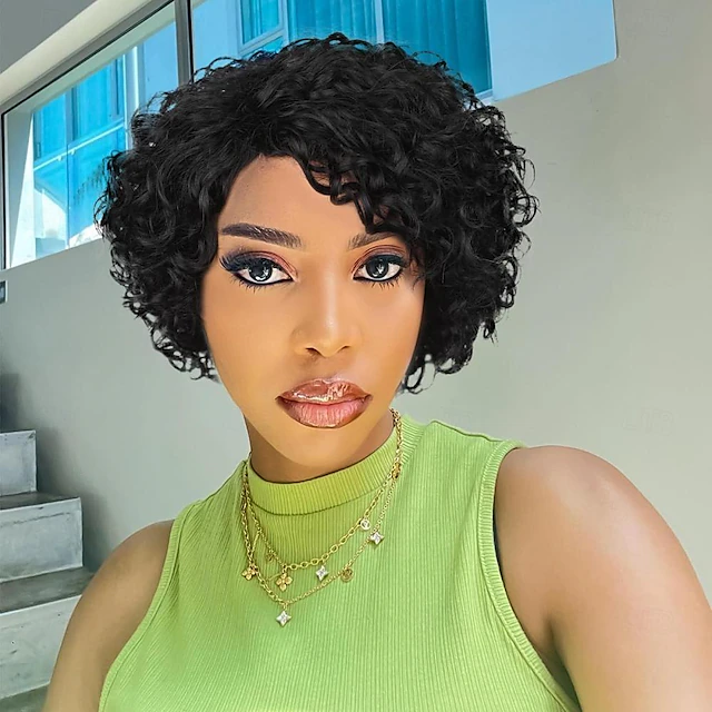 Short Curly Human Hair Wigs For Black Women Side Part Pixie Cut Kinky ...