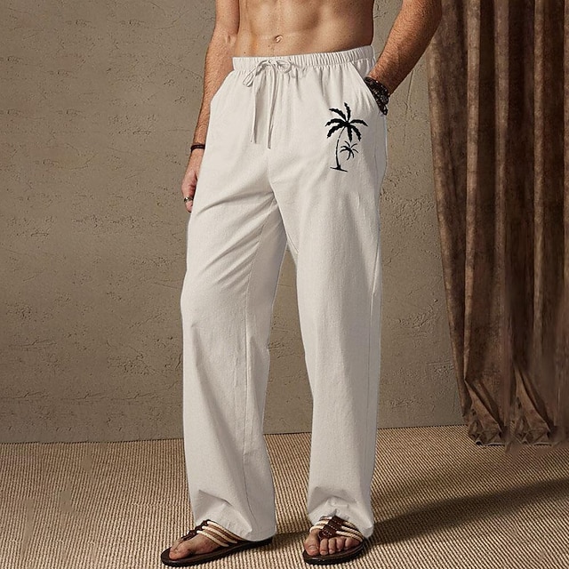 Men's Summer Pants Elastic Waist Tree Coconut Tree Comfort Full Length Outdoor Streetwear Vacation Hawaiian White Blue Micro-elastic 7