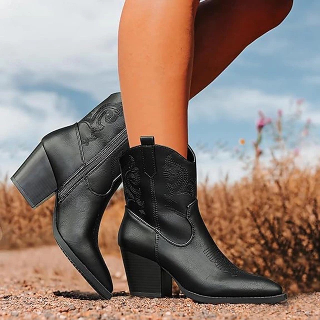Women's Black Western Cowboy Boots with Embroidered Details, Chunky Block Heel, Stylish Country Rodeo and Music Festival Footwear 8