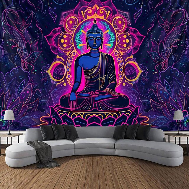  bohémský buddha tapisérie v černém světle uv reaktivní záře ve tmě záře party lotos trippy mlhavá příroda krajina závěsná tapisérie nástěnná malba do obývacího pokoje ložnice