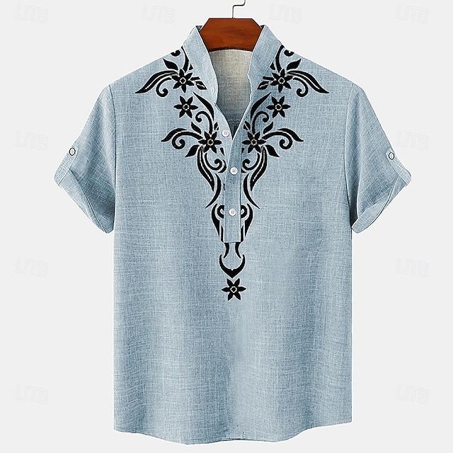  Men's Shirt Linen Shirt Henley Shirt Retro Shirts Vintage Shirt Ethnic Shirt Ethnic Daily Holiday Blue Beige Gray Short Sleeve Band Collar Summer Spring Clothing Apparel Print
