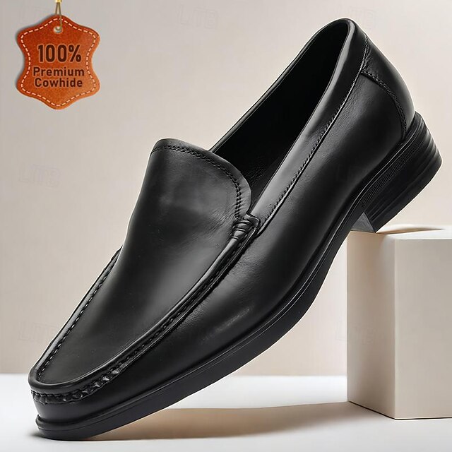 Men's Premium Cowhide Leather Loafers - Classic Black Slip-On Dress Shoes for Business and Formal Wear 10