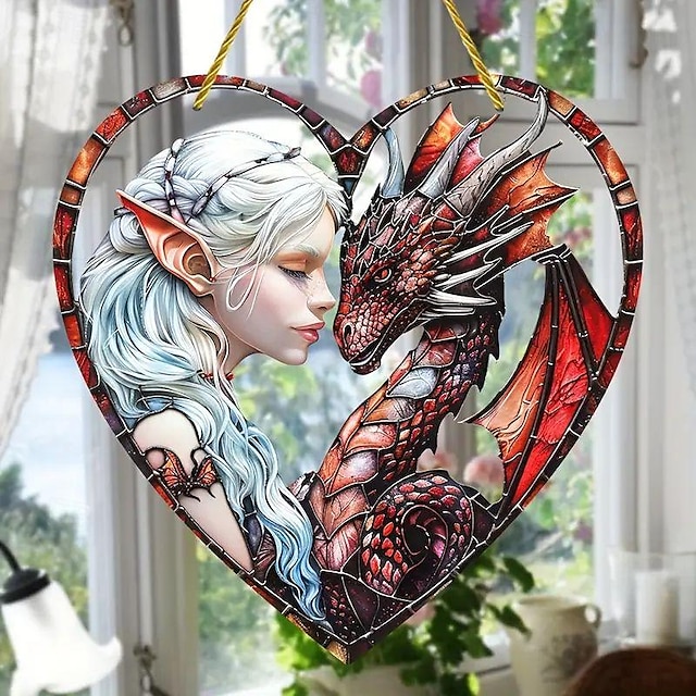  dragejente hjerteformet akrylskilt - solfanger  & skygge farget glass vindu hengende perfekt gave til mor  & venner fargerik veggkunst for hageveranda hjemmeinnredning (8x8cm)