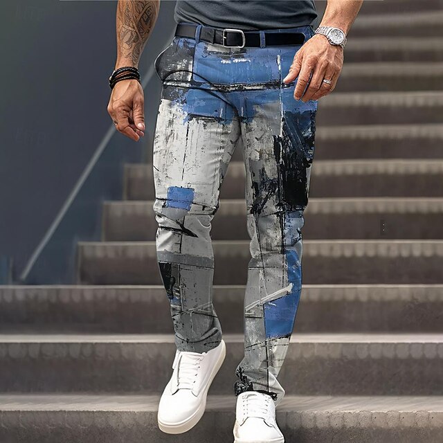 Men's Plaid Color Block Patchwork Dress Pants Mid Waist Formal Casual 3D Print Summer Spring Fall & Winter Blue4