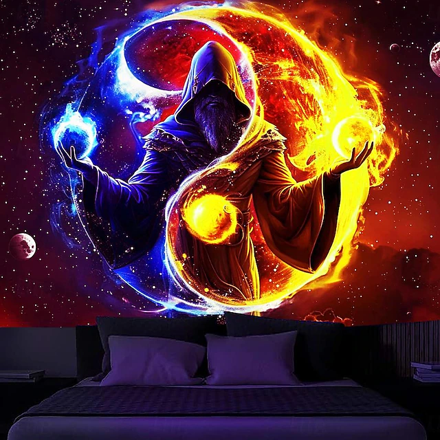 Blacklight Tapestry UV Reactive Glow in the Dark Glow Party Neon Magician Zen Yinyang Psychedelic Trippy Misty Hanging Tapestry Wall Art Mural for Living 23
