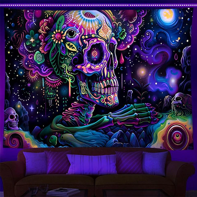 Halloween Decorations Blacklight Tapestry UV Reactive Glow in the Dark Glow Party Neon Mexico Skull Psychedelic Trippy Misty Hanging Tapestry Wall Art Mural for Living 11