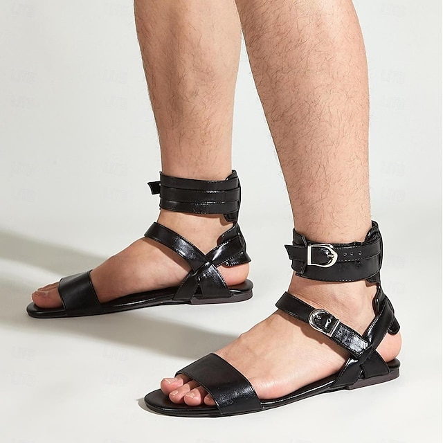  Men's Black Gladiator Sandals – Faux Leather Ankle Strap Flat Sandals with Buckle Closure for Summer Fashion, Beachwear, and Festivals