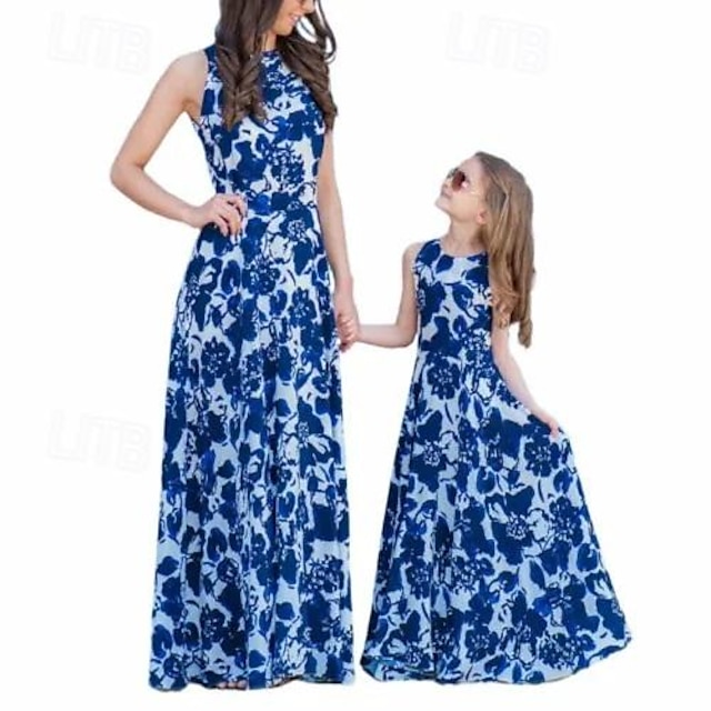  Maman et moi robes d'été robe longue d'été sans manches robes bleues pour maman enfants filles vêtements de fête de mariage