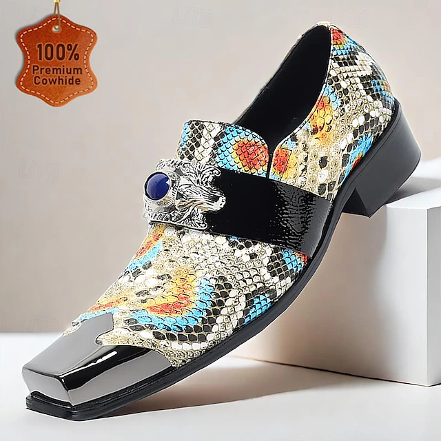 Men's Premium Cowhide Leather Exotic Pattern Loafers - Stylish Slip-On Dress Shoes with Decorative Buckle and Metal Toe Cap 10