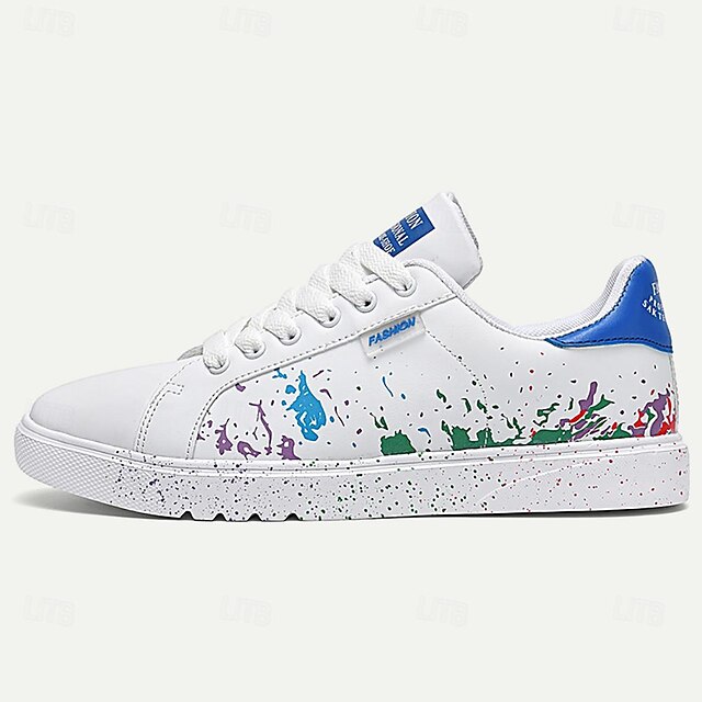  sneakers bianche casual da uomo con design a schizzi di colore: comode scarpe stringate basse e alla moda