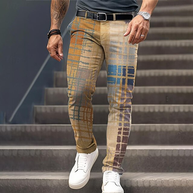 Men's Plaid Color Block Patchwork Dress Pants Mid Waist Formal Casual 3D Print Summer Spring Fall & Winter Yellow4
