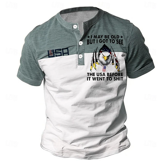 Men's Eagle Patriotism Funny Slang T shirt Henley Shirt Short Sleeve 3D Print Designer Casual Daily Summer Blue Dark Green Green Khaki Gray Henley Henley T-Shirt 8