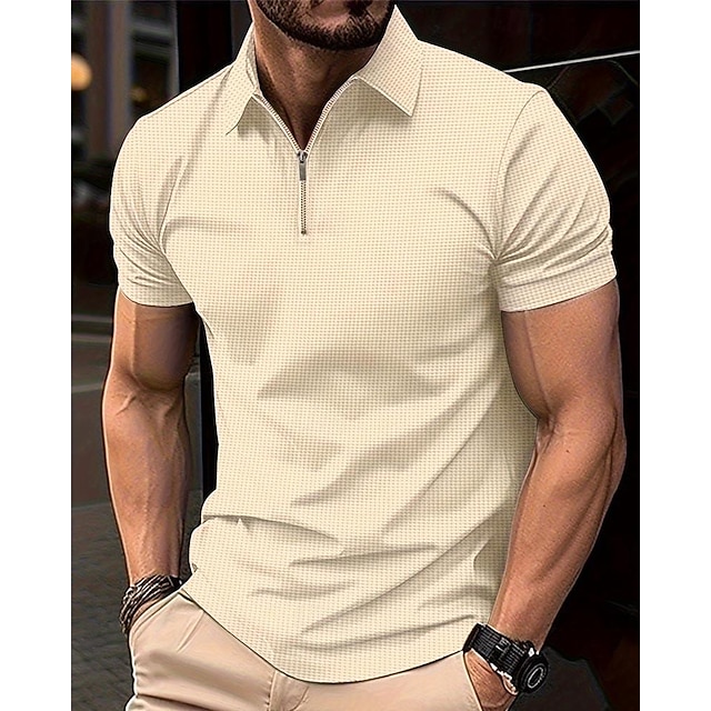 Men's Waffle Polo Shirt Quarter Zip Polo Daily Holiday Turndown Short Sleeve Fashion Basic Plain Spring & Summer Regular Fit Black White Blue Khaki Waffle Polo Shirt 5