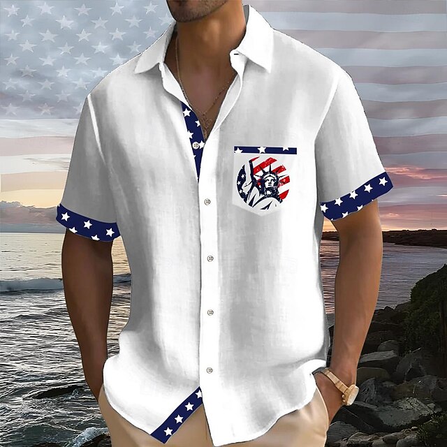 Men's American / USA Statue Of Liberty National Flag Button Up Shirt Short Sleeve Resort Style Outdoor Casual Holiday Summer Turndown Pocket Buttons White4