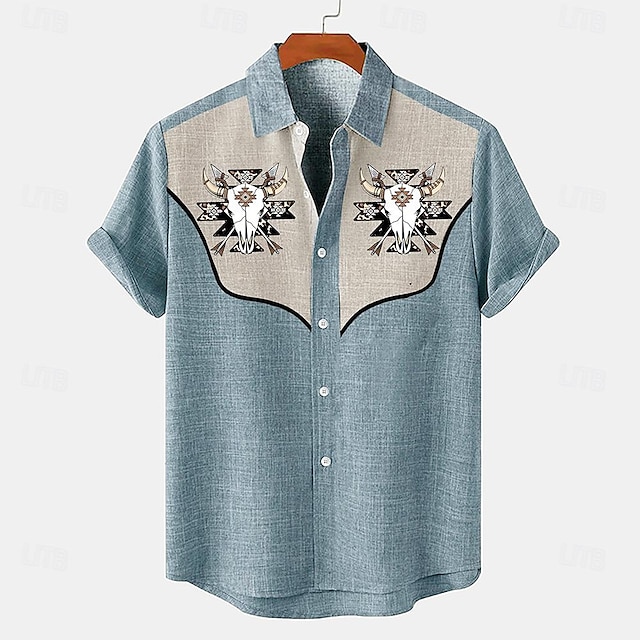  Męskie Koszula lniana koszula koszule w stylu retro Koszula w stylu vintage Koszula etniczna Zachodni Na zewnątrz Praca Niebieski Zielony Szary Krótki rękaw Wieczorne Lato Wiosna Odzież