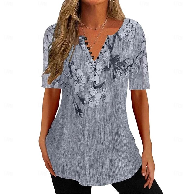 Women's Shirt Blouse Casual Floral Buttons Print Short Sleeve Regular Tops Crew Neck Vacation Daily Pink Navy Blue Blue Gray Summer 5