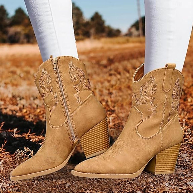  Damenstiefel Cowboystiefel Cowgirlstiefel bestickte Stiefeletten bis zur Mitte der Wade spitze Zehenpartie Retro Blockabsatz kurze Stiefel schwarz weiß braun