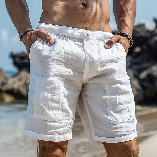 Men's Shorts Linen Shorts Summer Shorts Pocket Multi Pocket Straight Leg Plain Comfort Breathable Knee Length Outdoor Daily Holiday Fashion Streetwear White4