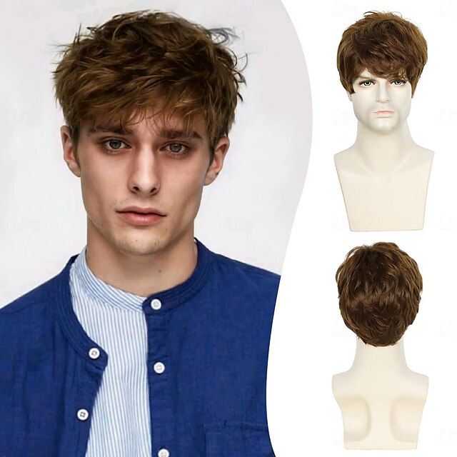  herreparykk, kort brun parykk for menn lagdelt naturlig fluffy syntetisk hår parykk varmebestandig halloween cosplay parykk