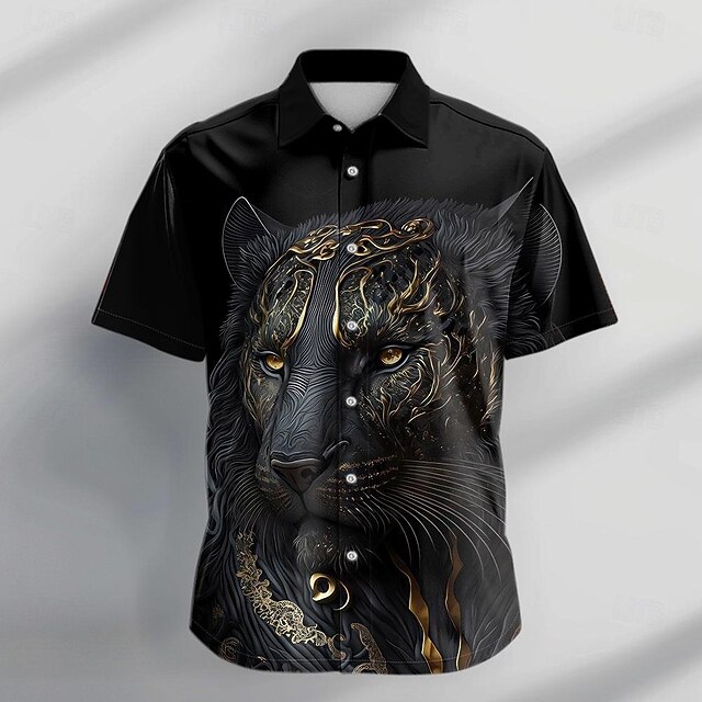 Men's Lion Shirt Button Up Shirt Short Sleeve Fashion Casual Dark Vacation Daily Evening Party Summer Turndown Collared Shirts Button Up 3D Print Black4