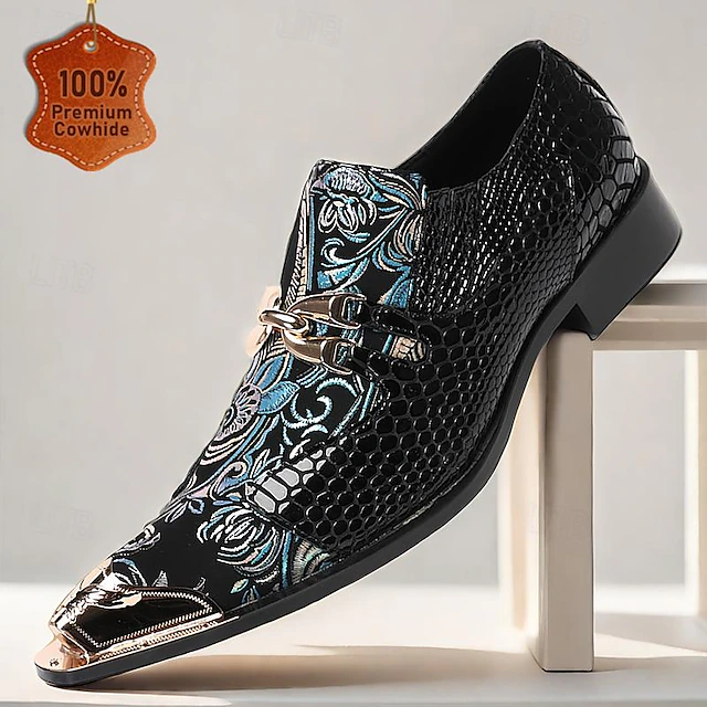 Men's Premium Cowhide Leather Punk Style Loafers - Floral Embroidered Slip-On Shoes with Metal Toe Cap and Buckle 7